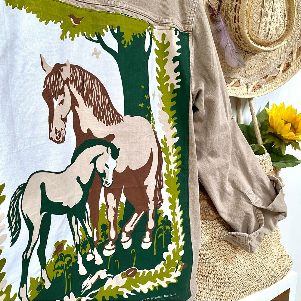 Upcycled By The Beautiful @beyoushop! Boho Western Beige Jacket with Horse Patch - Picture 5 of 14